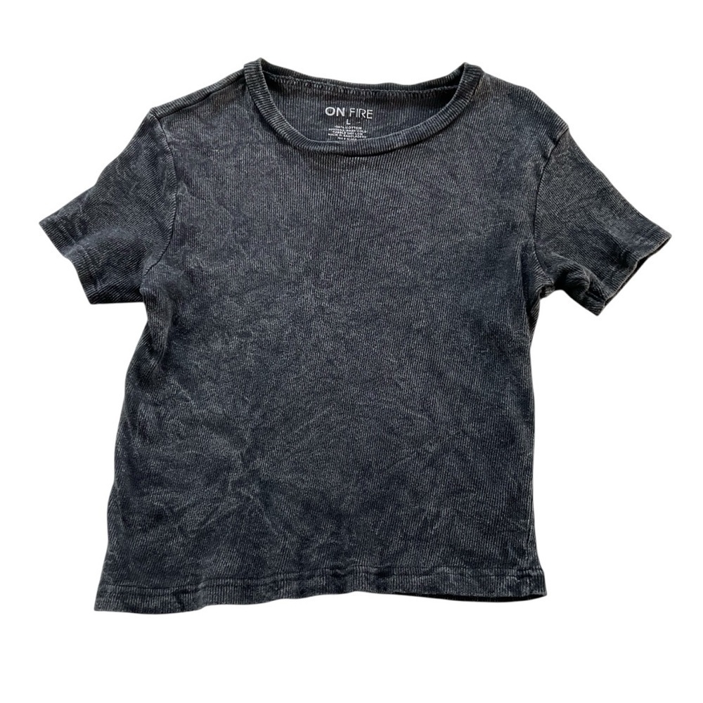 On Fire Acid Wash T-Shirt Sz L Black/Gray Short Sleeve Tee Grunge Gen Z Y2K